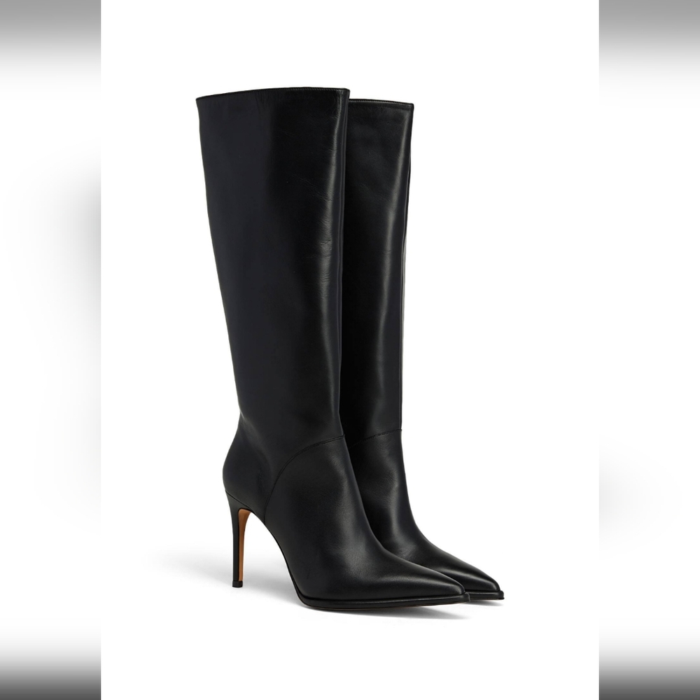 Black Leather Heeled Knee-High Boots